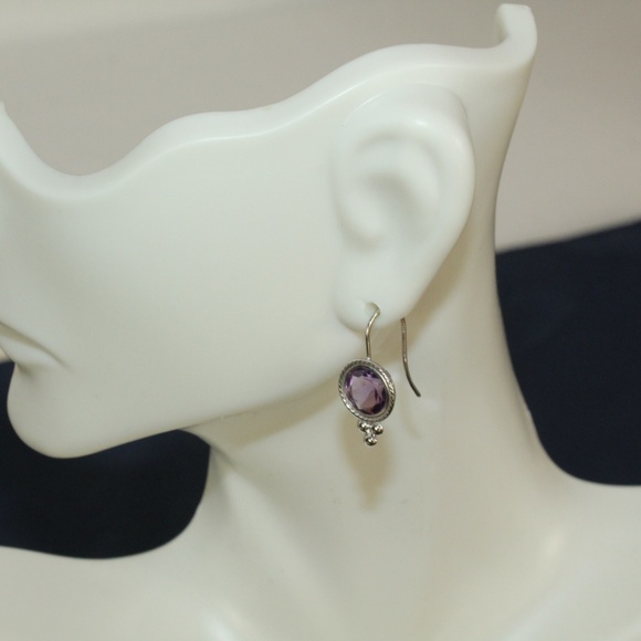 Round Dangle Earrings Silvertone with Amethyst - Picture 1 of 5